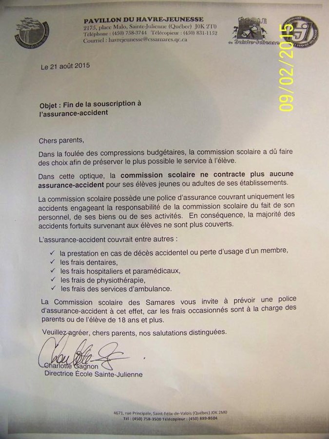 La Commission scolaire des Samares abandonne son assurance-accident en raison des compressions budgétaires