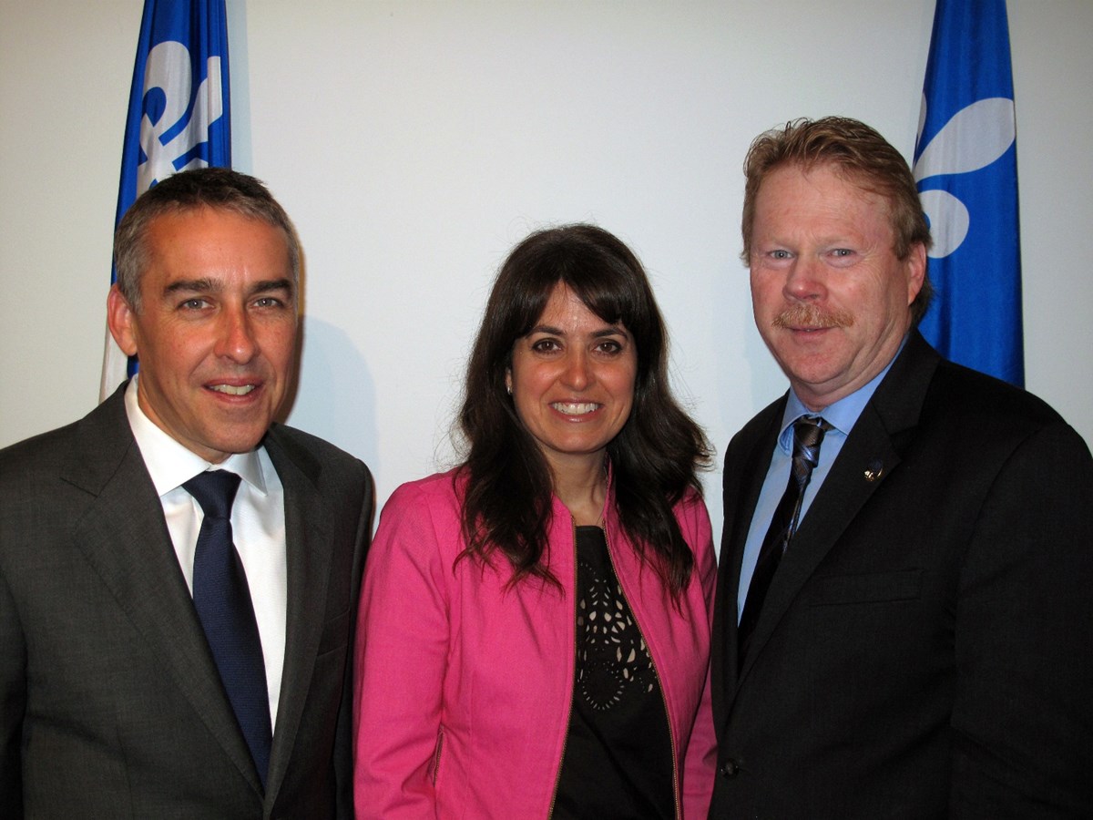 Nicolas Marceau, député de Rousseau, Véronique Hivon, députée de Joliette, et André Villeneuve, député de Berthier.