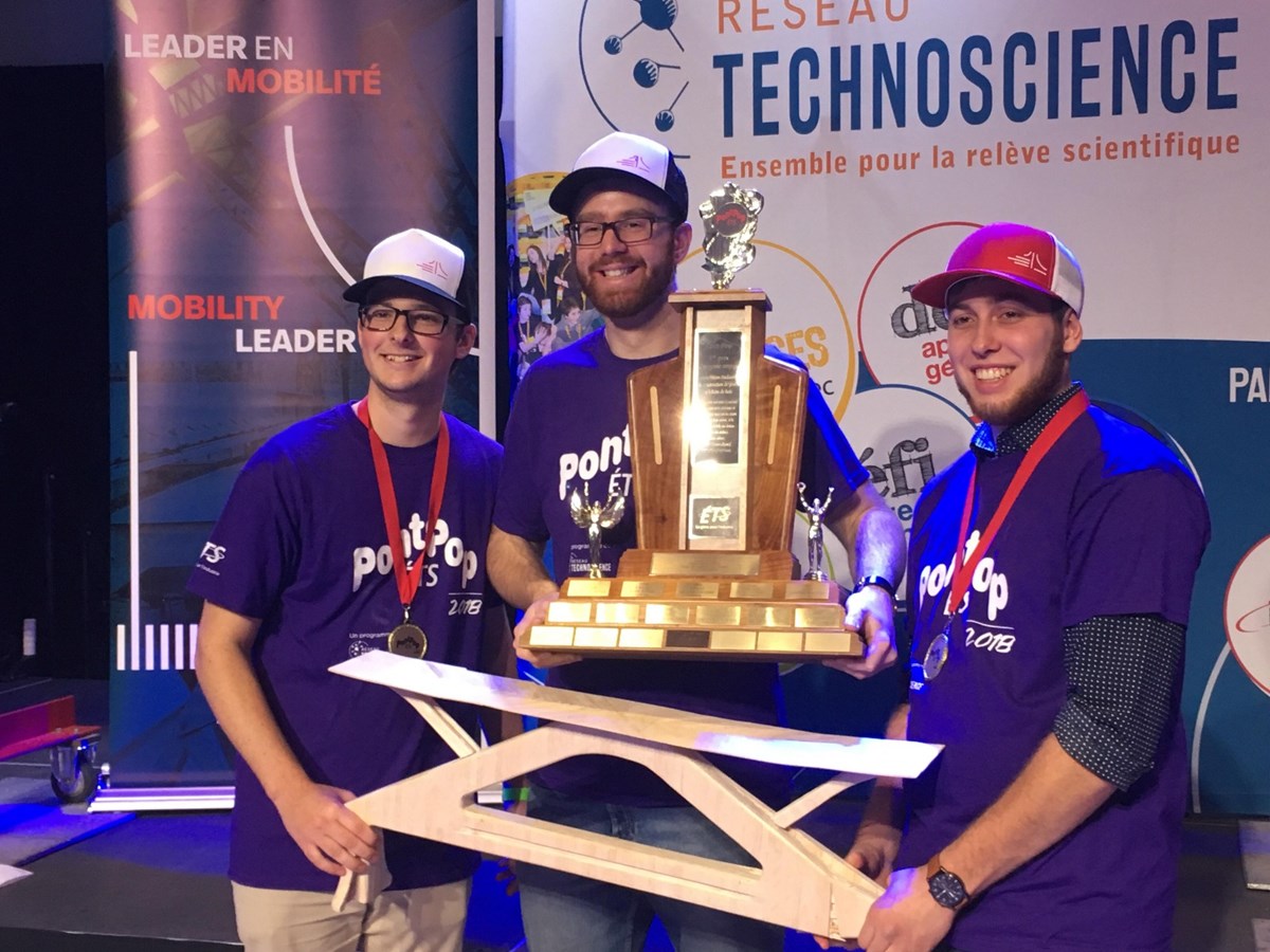 Trois étudiants du programme de Technologie du génie civil du Cégep à Joliette raflent le premier prix du concours PontPop à l’École de technologie supérieure