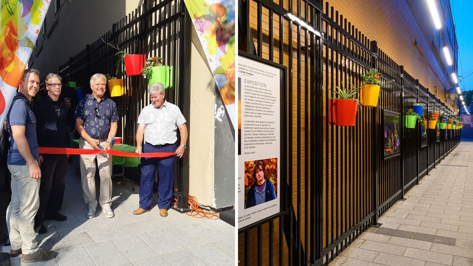 Ruelle, inauguration – Sur la photo de gauche, les conseillers Alexandre Martel et Luc Beauséjour entourent le photographe Denis Trudeau et le maire de Joliette, Alain Beaudry.