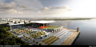 Le projet finalement retenu impose une réduction du nombre de places, de la superficie du parterre gazonné et du toit, et remplace les lettres géantes par une passerelle commerciale. GUILLAUME JACOB/L'ÉCHO DE TROIS-RIVIÈRES/AGENCE QMI