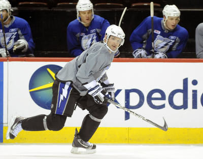 Marc-Andre Bergeron (47) du Lightning de Tampa Bay lors de la pratique du club de hockey le Lightning de Tampa Bay au Centre Bell de Montreal , Mercredi le 16 Mars 2011. Photo : ERIC BOLTE/ 24H MONTREAL/AGENCE QMI