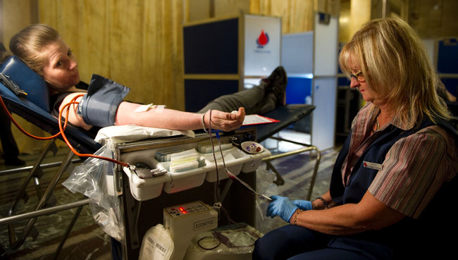 Une bénévole d'Héma-Québec procède à un don de sang