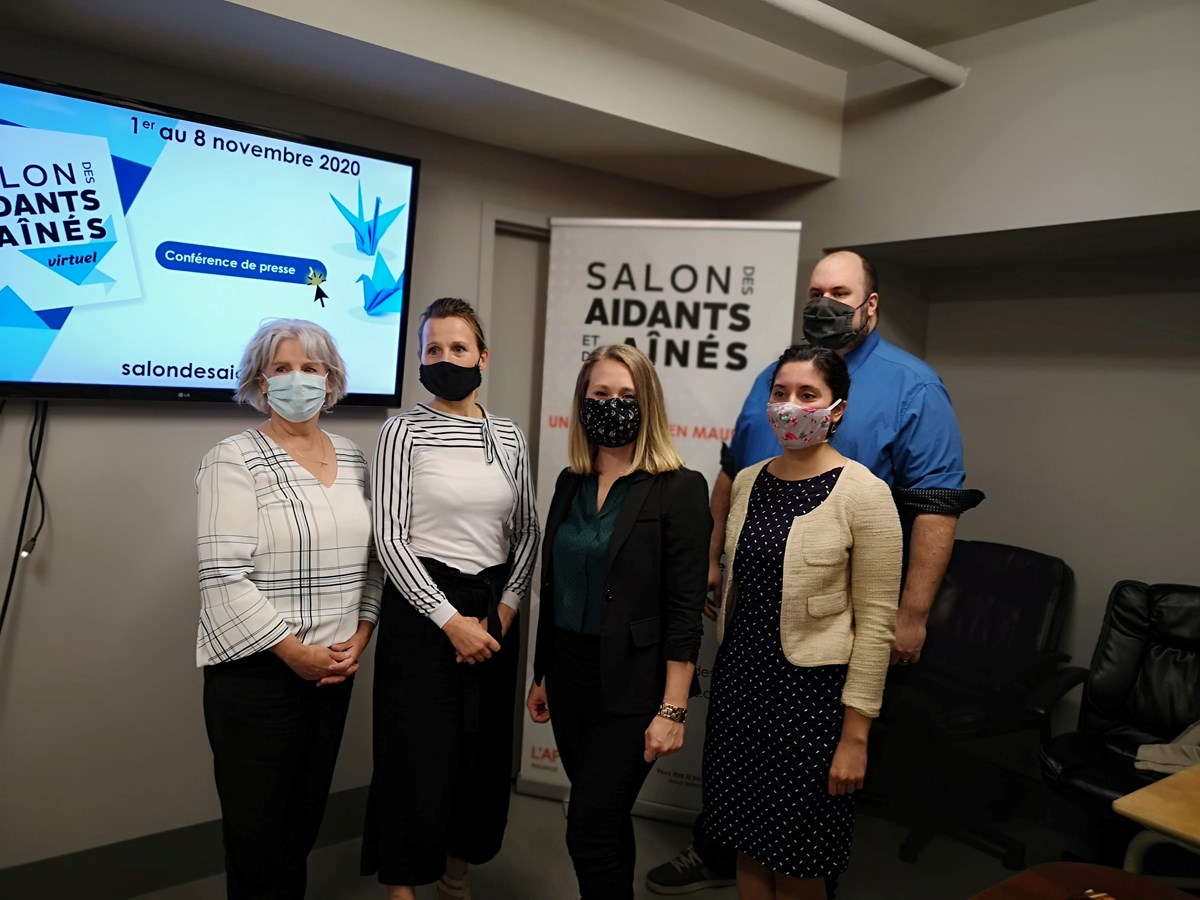 Dans l’ordre habituel : Diane Lemay, présidente de l’Association des proches aidants de l’Énergie et travailleuse du milieu au Centre d’action bénévole de Grand-Mère; Florence Pauquay, directrice générale de l’Appui Mauricie; Vanessa Bouchard, responsable des communications et de développement à l’Appui Mauricie; Marie-Anne Bazerghi, chef des opérations et des finances chez Eugeria et Gabriel Sansoucy, directeur général de la Coopérative de Solidarité Santé le Rocher.