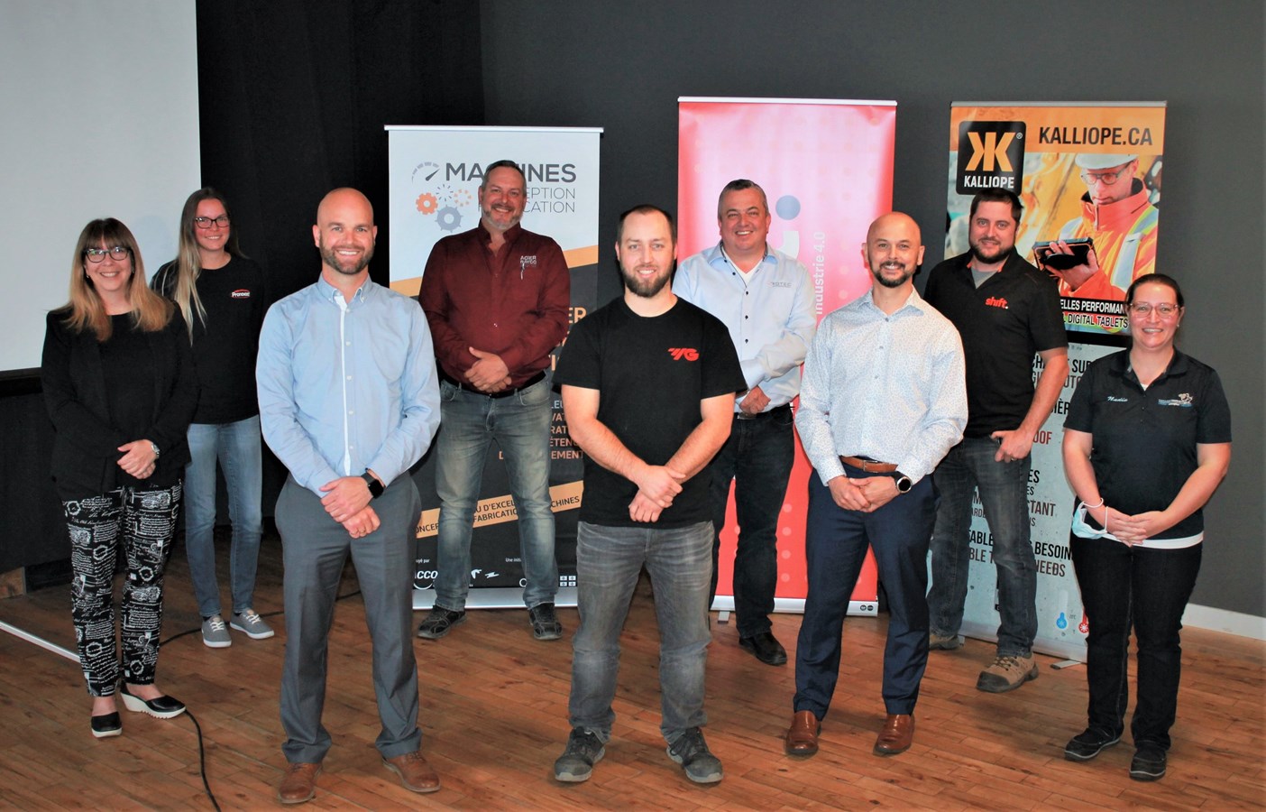 Nancy Allaire, Créneau Machines; Eva-Marie Naguy-Cloutier, Machinerie Pronovost; Joaquim Blanchette, Hydrexcel; Denis Bordeleau, Acier Rayco; Dave Lemire, Soudure DR Lemire; Miguel Valero, Rotec International; Sébastien Coulombe, Synerforce; Francis Rondeau, Groupe Shift et Nadia Pelletier, Concept Numérique.