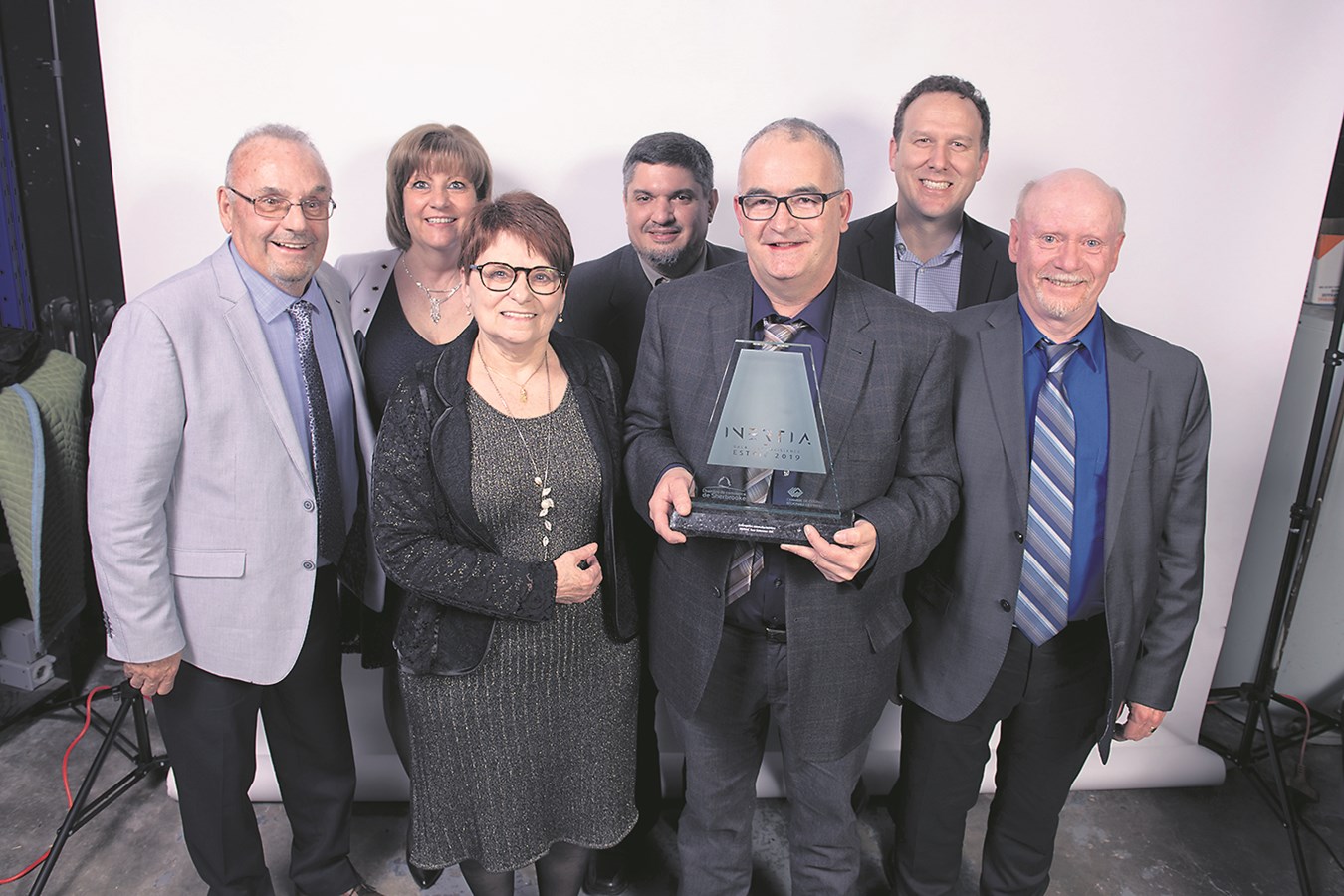 L'équipe de Nuvac Eco-Science lors du gala 2019 : Noël Gauthier, Louise Daviau, Micheline Vigeant, Martin Breton, Bruno Demers, Guy Lebel, Jean-François Arès.
