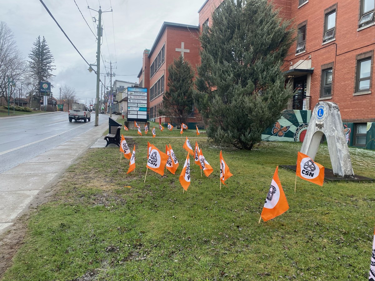Des centaines de petits drapeaux de la CSN ont été déployés sur les terrains appartenant à la Ville de Windsor.