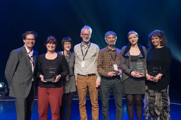 Les lauréats des Prix culturels rimouskois 2015 (de gauche à droite):
- Catégorie Événement de l’année : James Darling, Esther Gagnier et Élise Lavoie, des Concerts aux Îles du Bic pour le projet «Le Carnaval des animaux»
- Catégorie Organisme de l’année : Alain Ross et Jean Munro, du Comité du patrimoine naturel et culturel du Bic
- Catégorie Artiste de la relève : Charlotte Hirth, illustratrice
- Catégorie Artiste : Sergine Desjardins, romancière