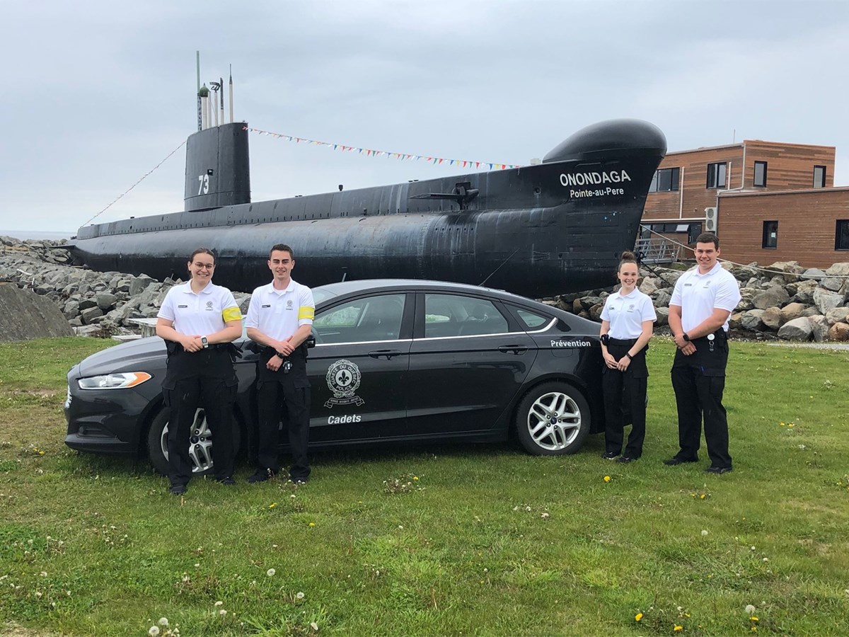 Voici 4 des 20 cadets qui travailleront sur le territoire de l’Est-du-Québec : Gabrielle Proulx-Parent, William Tremblay, Alison Couturier et Xavier St-Laurent-Perreault.
