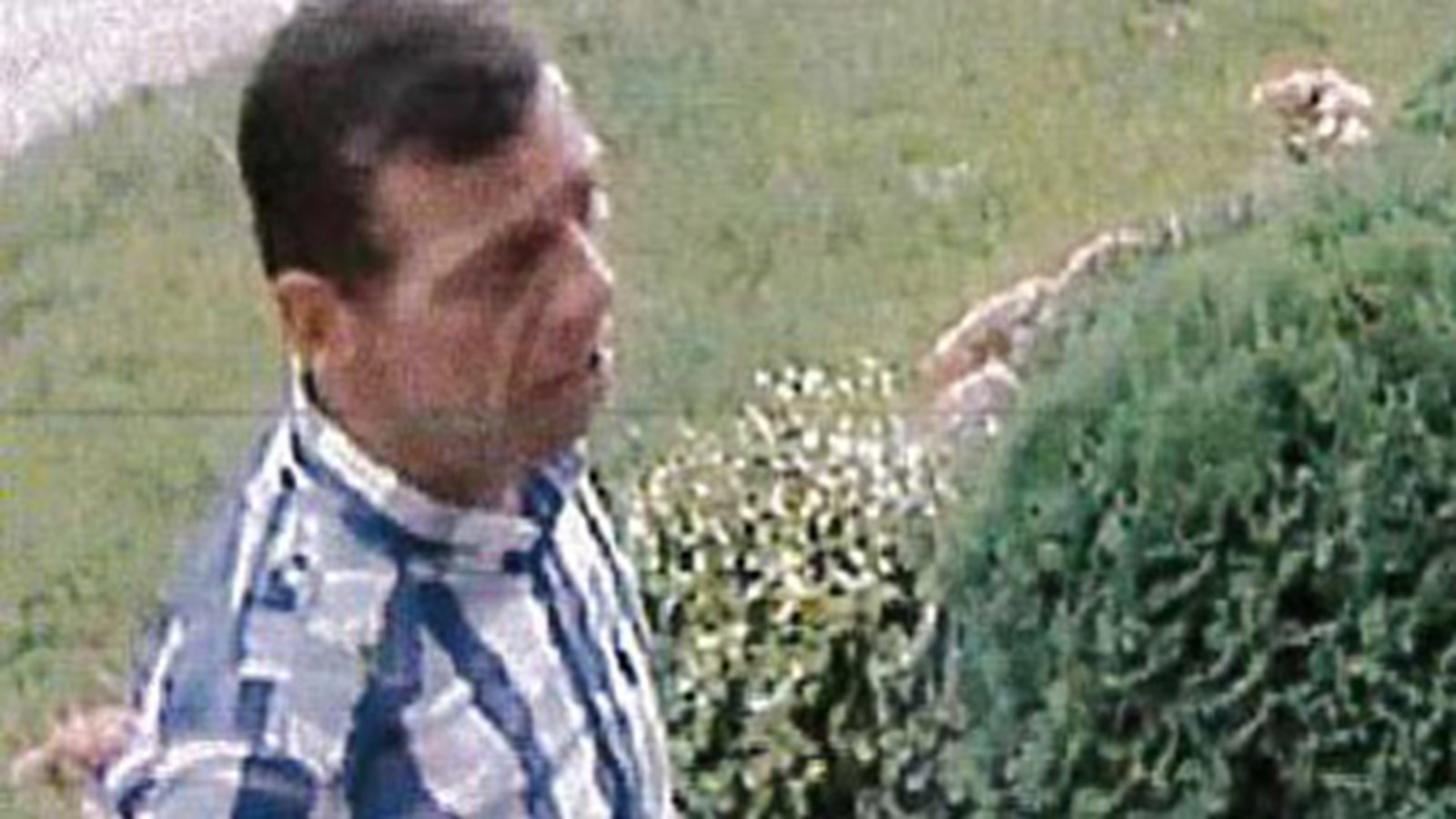 Environ 45 ans, il a les cheveux bruns et porte une chemise à carreau bleu et blanche, un pantalon noir et des souliers bruns.