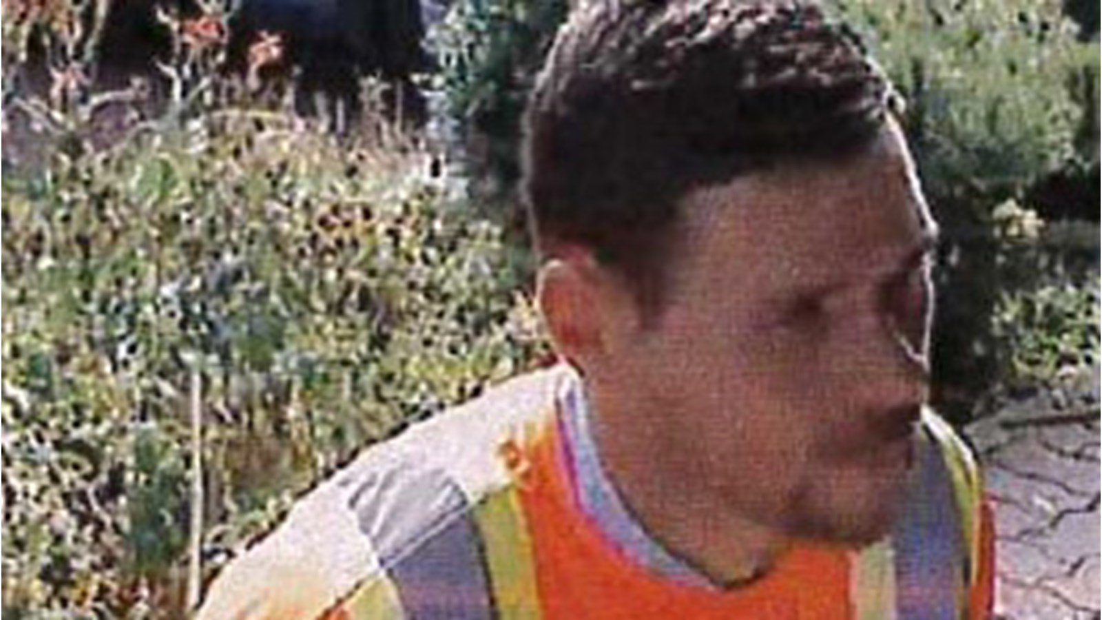 Environ 40 ans, il porte une barbe de quelques jours et a les cheveux châtains. Il est vêtu d’un chandail à manches longues noir et rouge, d’une veste orange de travailleur, d’un pantalon bleu marine et de chaussures de sport.