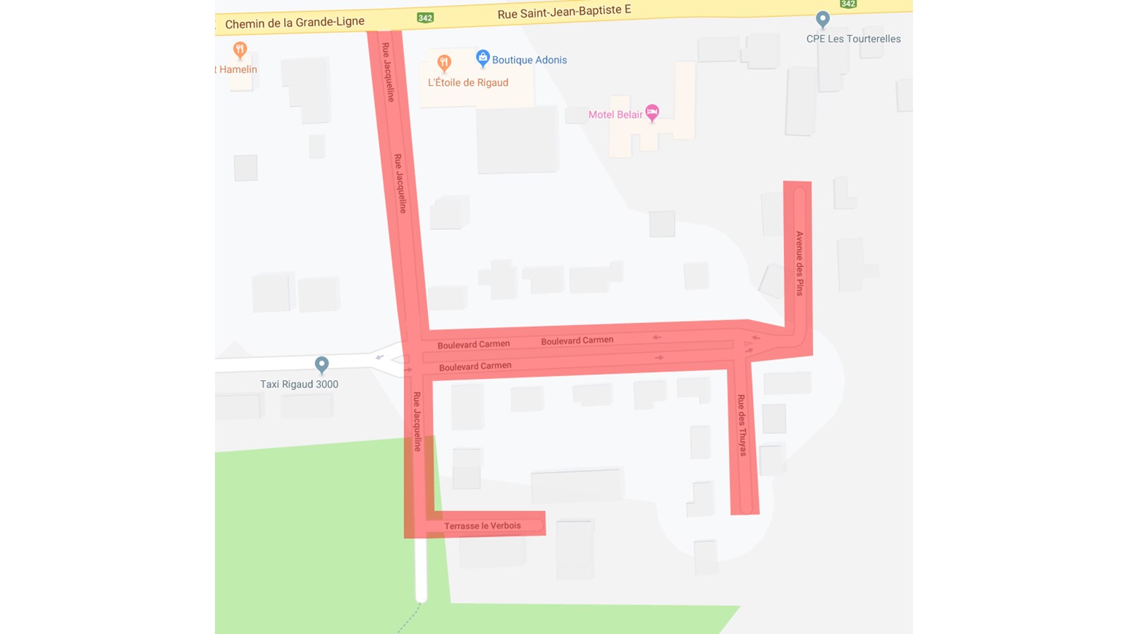En rouge, les résidences touchées par les travaux dans le secteur de la rue Jacqueline