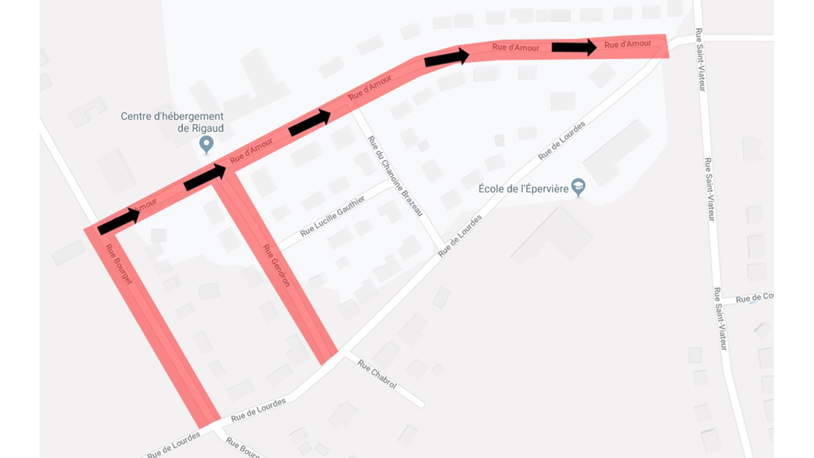 En rouge, les résidences touchées par les travaux dans le secteur de la rue D’Amour
