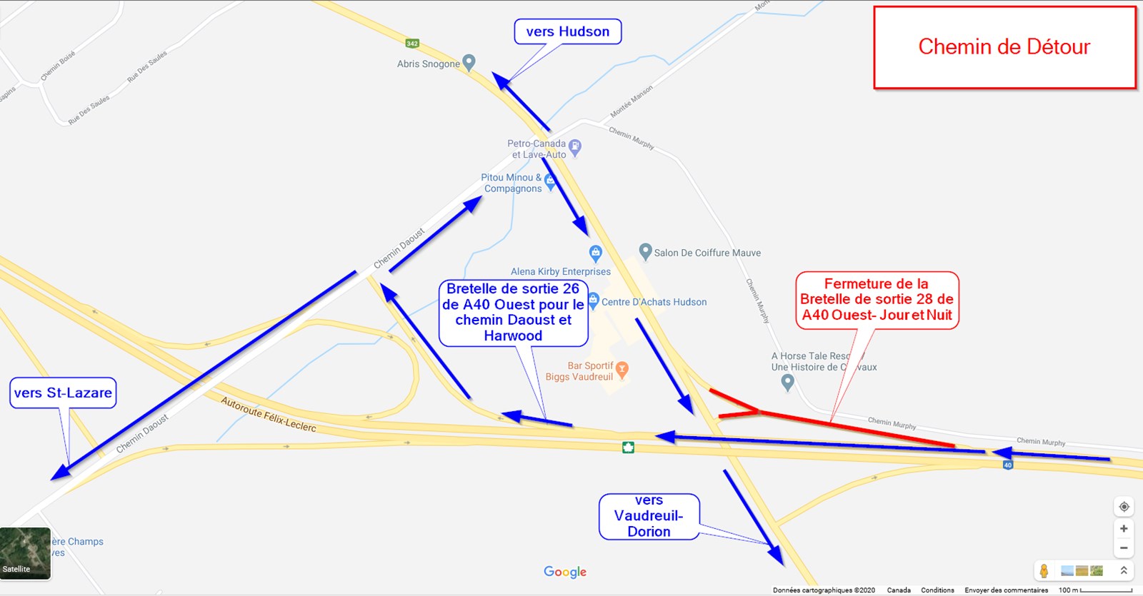 RAPPEL: Fermeture de la bretelle de la sortie 28 de l'autoroute 40 ouest, à Hudson