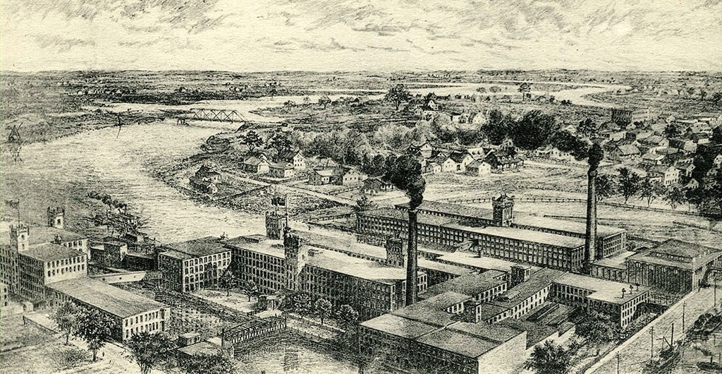 Dessin représentant une vue aérienne de la Montreal Cotton et de la rivière St-Charles, vers 1900.
Collection Françoise Bisaillon et Louis Pothier Derome

