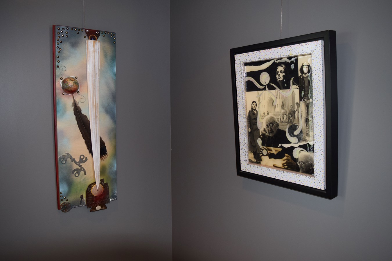 Certaines œuvres, montrant l’intérêt de l’artiste pour le collage et le recyclage de matériaux