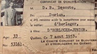 Le certificat d'horloger de Doris Décoste en 1953