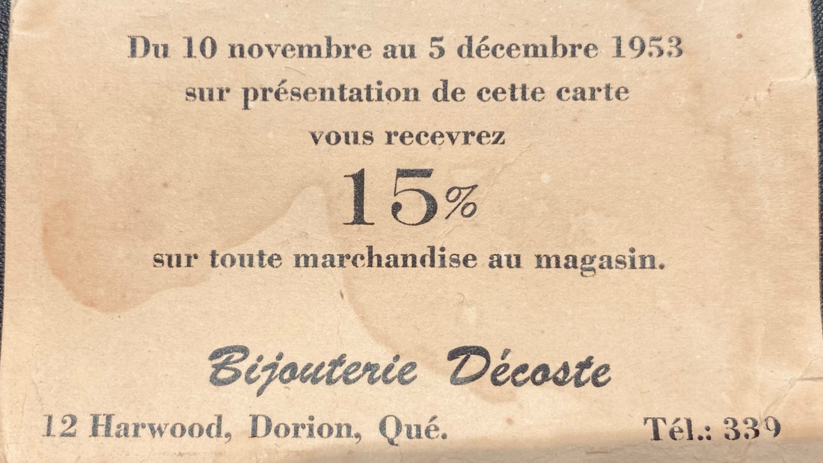 Un beau coupon rabais en 1953