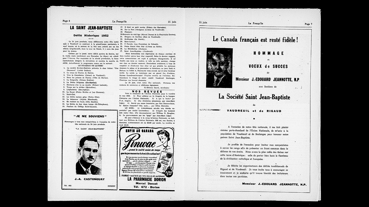 Annonces et programme dans le journal La Presqu’île de Vaudreuil-Soulanges, 21 juin 1952, page 6 et 7.