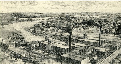 Dessin représentant une vue aérienne de la Montréal Cotton et de la rivière Saint-Charles, vers 1900.