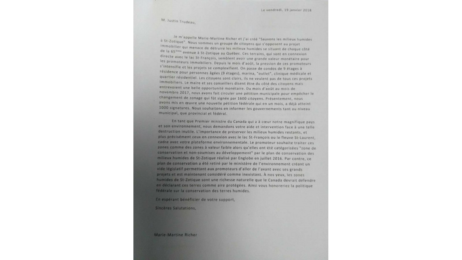 Lettre qui a été adressée au Premier ministre Justin Trudeau