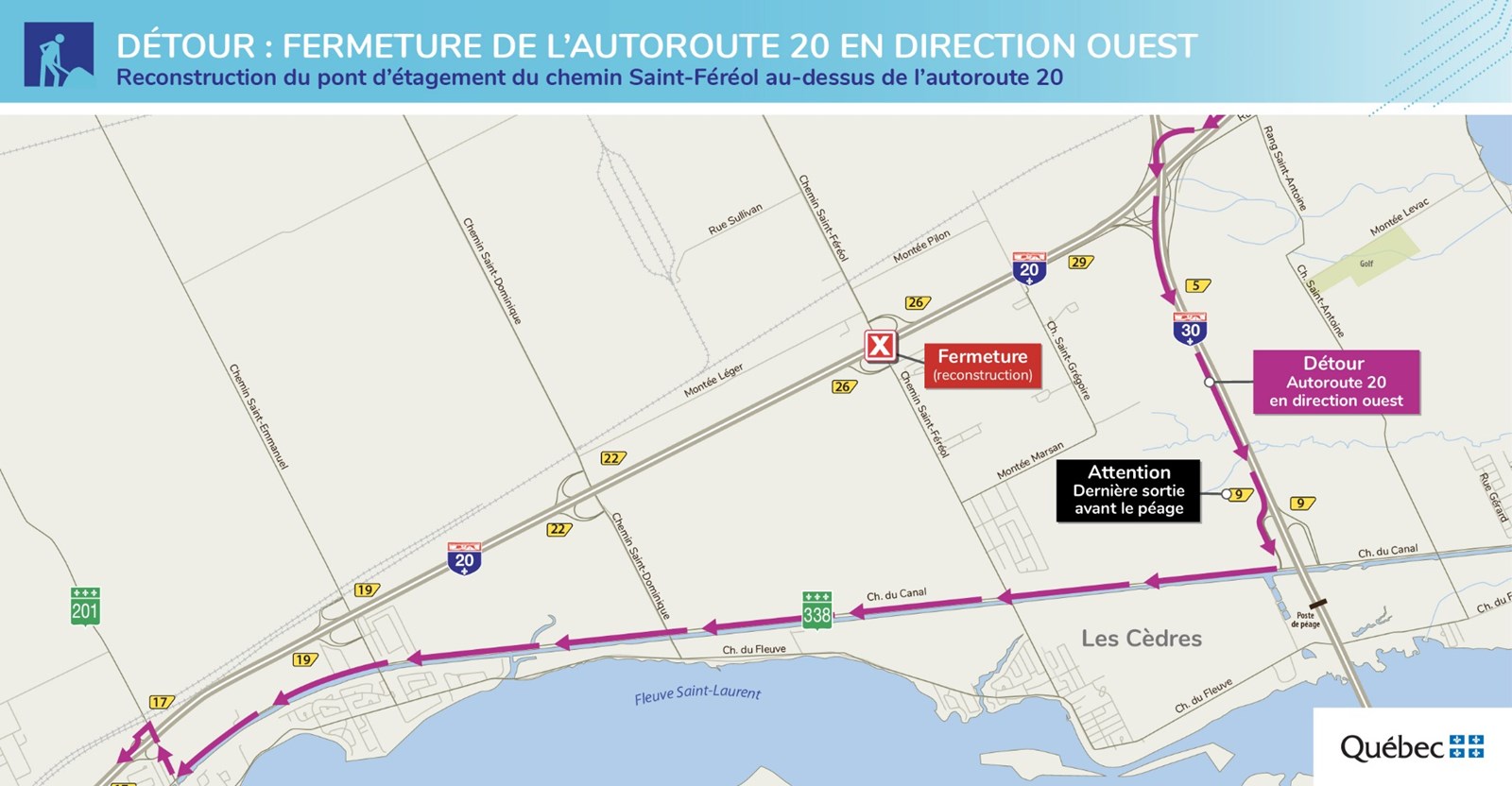 Fermetures complètes de nuit de l’autoroute 20