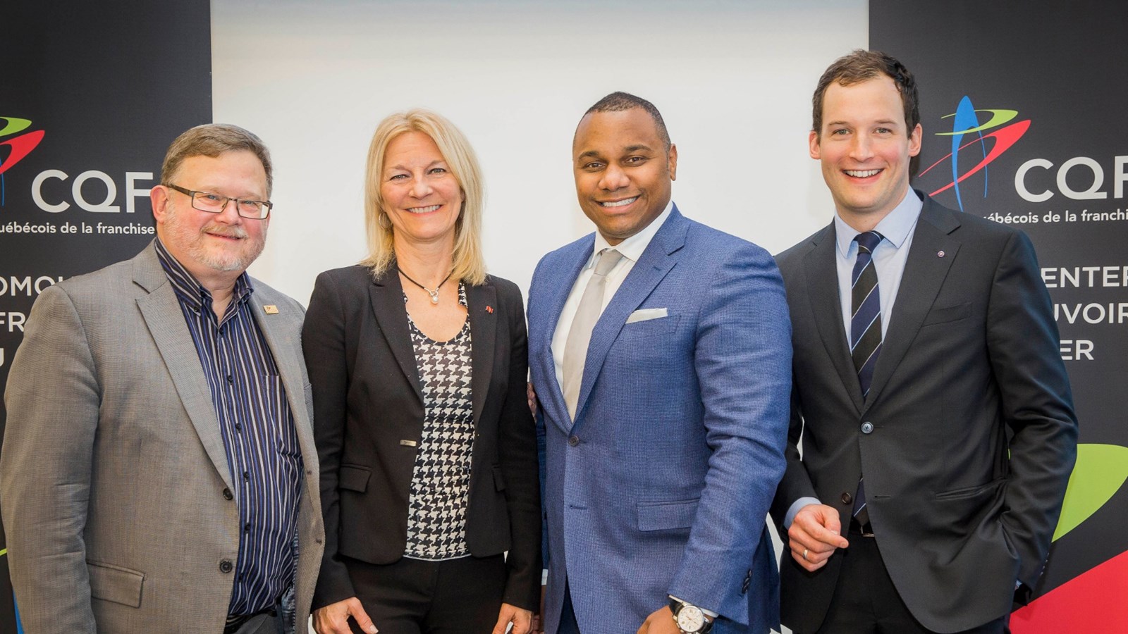 De gauche à droite : Christian Champagne, président-directeur général, Conseil québécois de la franchise; France Girardeau, directeur, Franchises, Banque Nationale du Canada; Frédéric Gilbert, associé, Fasken; et, Jean-Philippe Brousseau, directeur principal, Conseil en management, Raymond Chabot Grant Thornton.