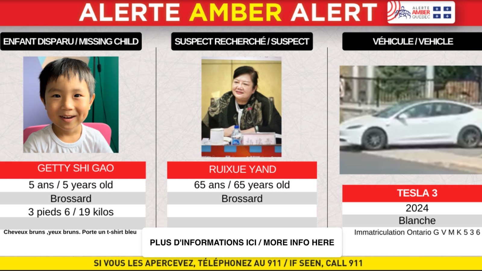 Alerte Amber: un enfant de cinq ans a été enlevé à Brossard lundi soir