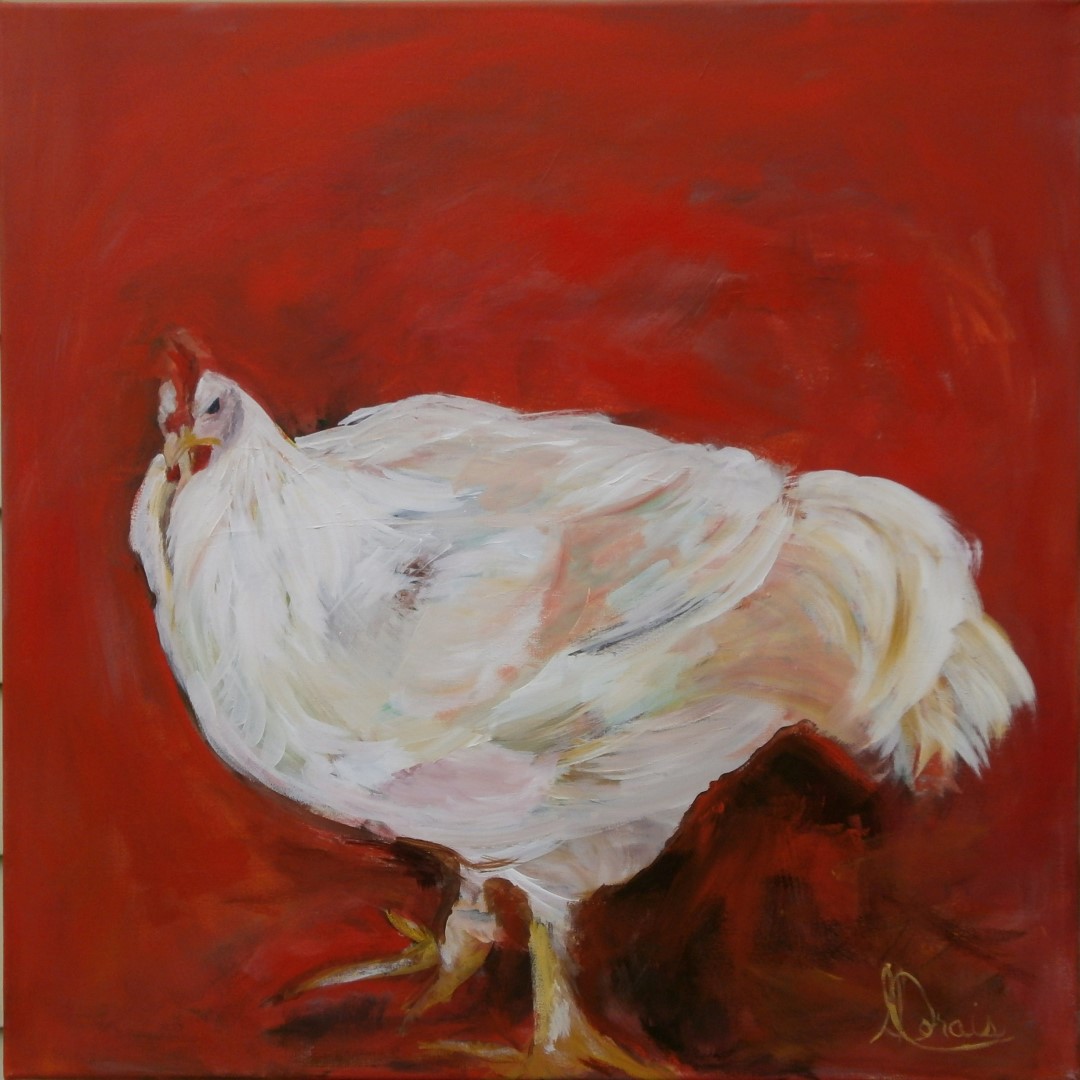 Poule sur fond rouge, de Ginette Dorais.