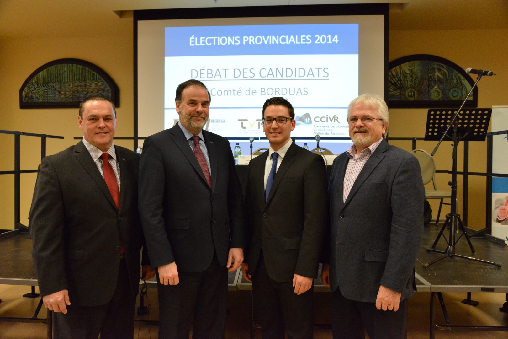 Les candidats de Borduas Jean Murray (PLQ), Pierre Duchesne (PQ), Simon Jolin-Barrette (CAQ) et Jean Falardeau (Québec solidaire).