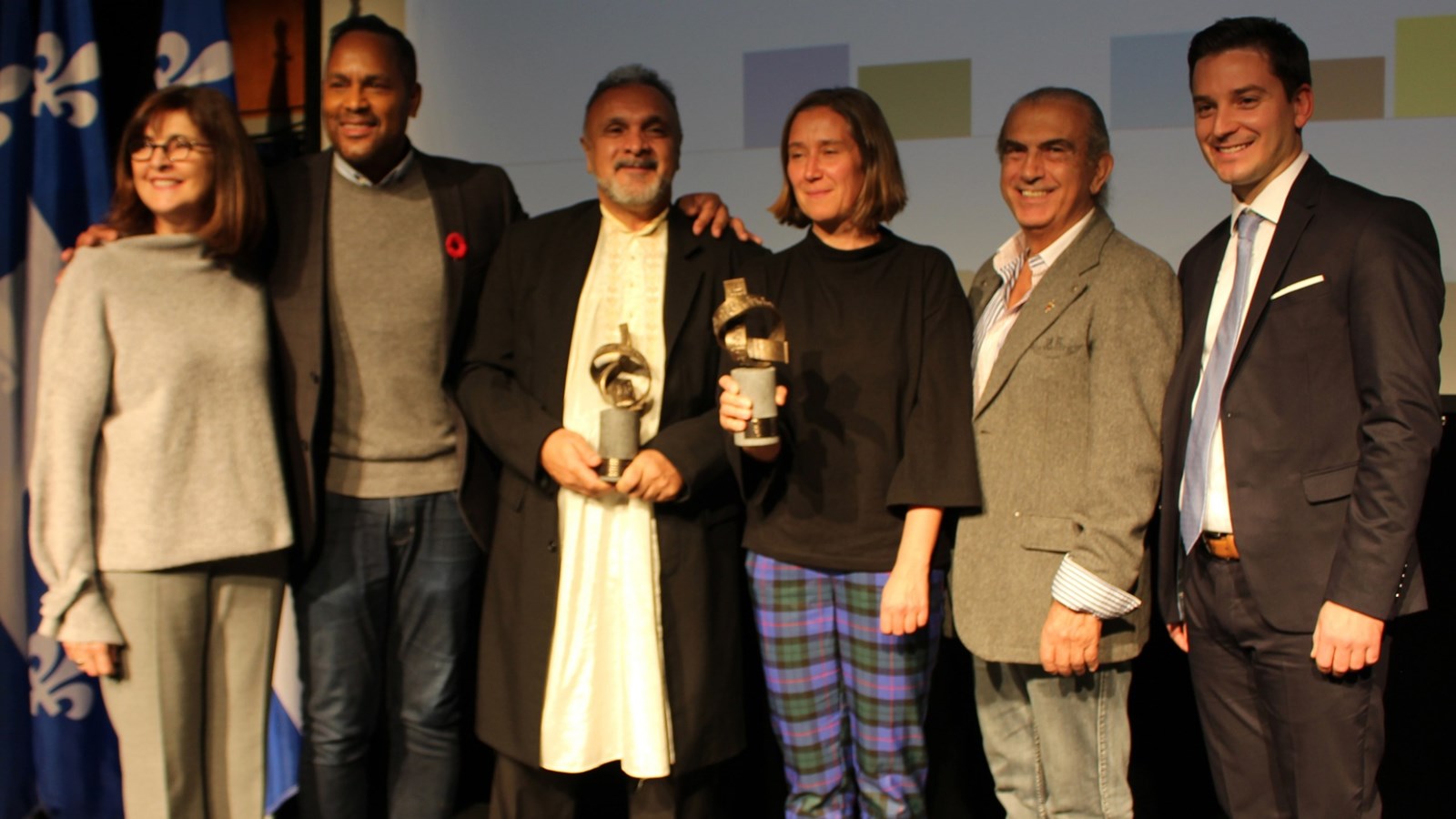 Louise Sicuro, Culture pour tous, Charles Biddle jr, Roger Sinha, lauréat du volet national et international, Patsy Van Roost, lauréate du volet local, André Michel, Coup de coeur du jury et Simon Jolin-Barrette, ministre de l'Immigration, de la Diversité et de l'Inclusion.