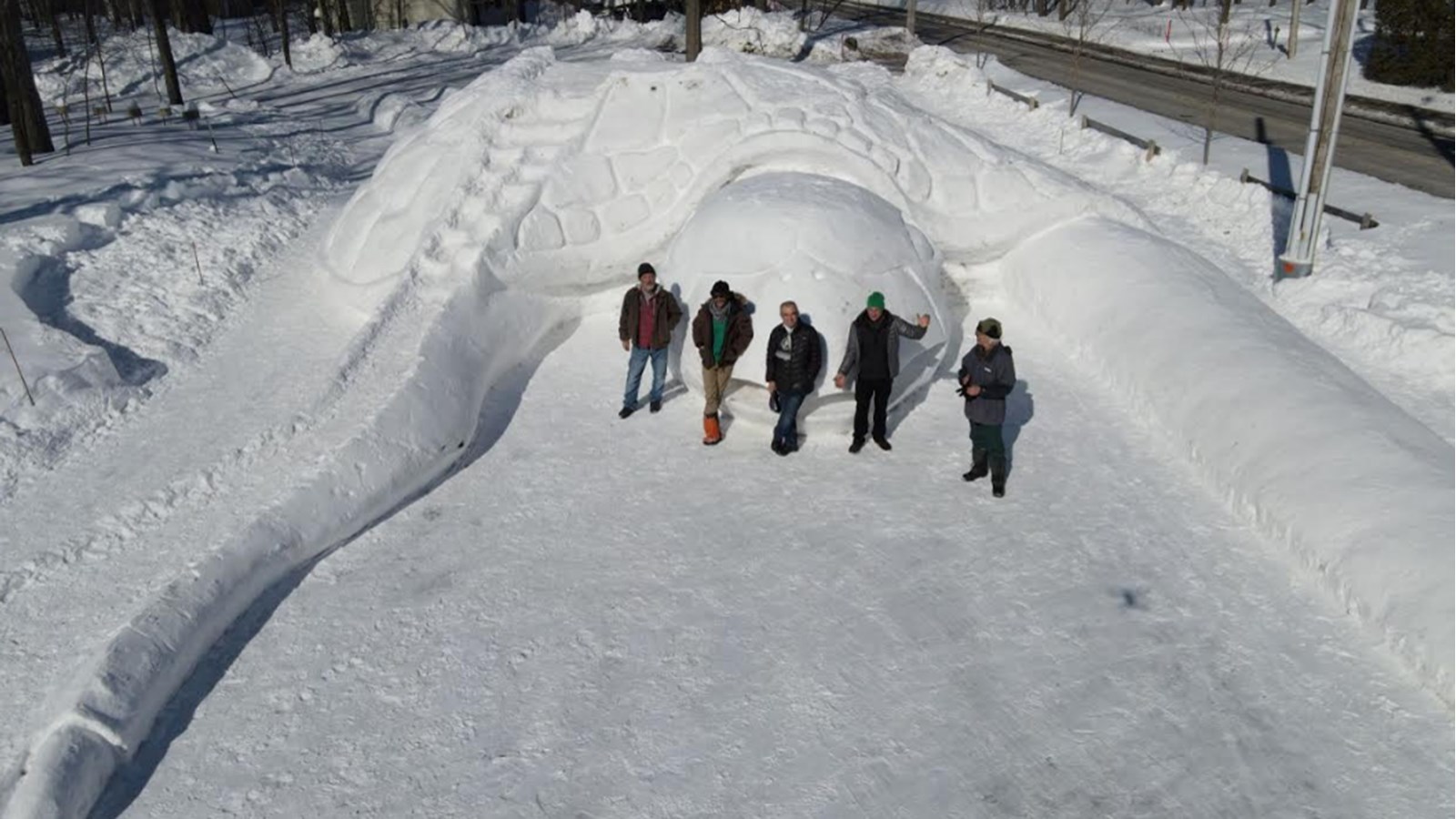 Cinq artistes réalisent une sculpture animalière de neige monumentale