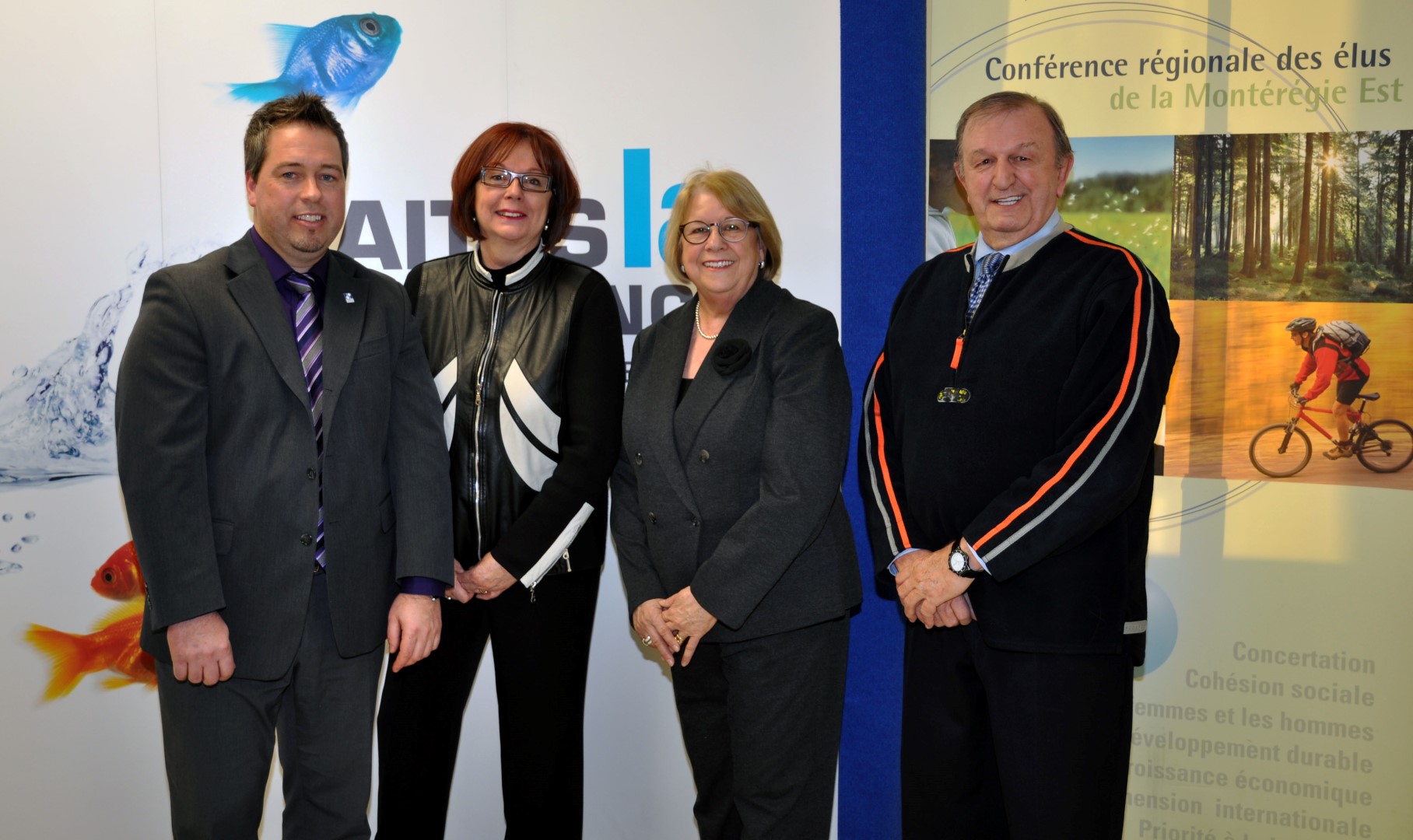 François Bouthillier, coordonnateur de la Formation continue au Cégep de Sorel-Tracy, Fabienne Desroches, directrice générale et directrice de la Formation continue au Cégep de Sorel-Tracy, Francine Morin, vice-présidente de la Conférence régionale des élus (CRÉ) de la Montérégie Est, préfète de la MRC des Maskoutains et mairesse de Saint-Bernard-de-Michaudville.