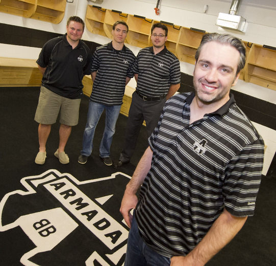 Joël Bouchard et Jean-François Houle ont accueilli les nouveaux entraîneurs adjoints Jean-François Fortin et Alexandre Jacques.