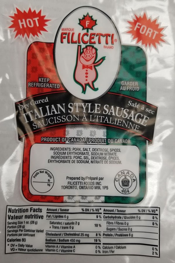 Rappel d'un produit de la marque Filicetti vendu au Québec