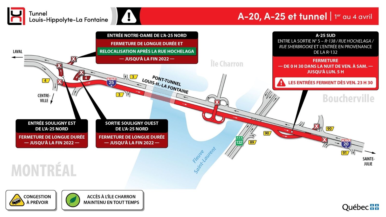 Fermeture complète d’un tronçon de l’autoroute 25 en direction de la Rive-Sud du 1er au 4 avril
