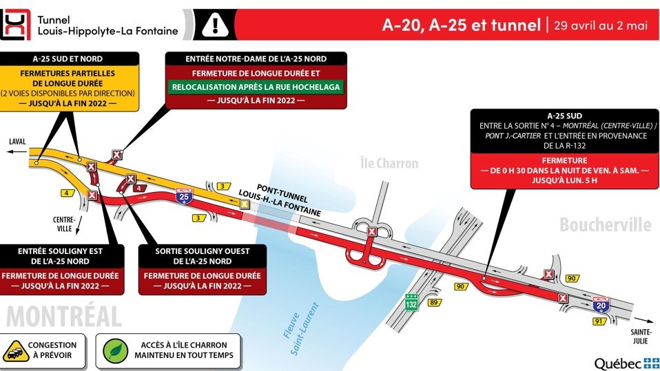 Fermeture complète d’un tronçon de l’autoroute 25 en direction de la Rive-Sud, incluant le tunnel Louis-Hippolyte-La Fontaine