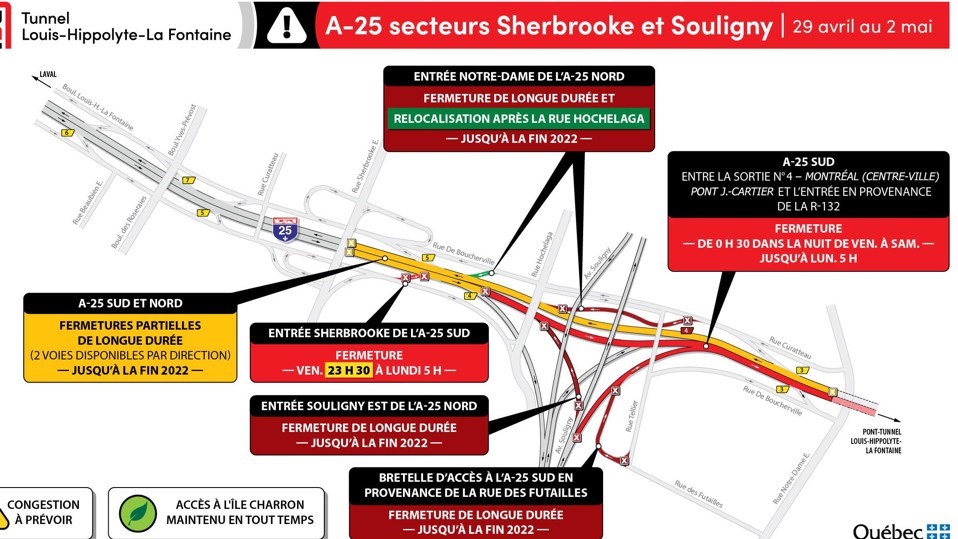 Fermeture complète d’un tronçon de l’autoroute 25 en direction de la Rive-Sud, incluant le tunnel Louis-Hippolyte-La Fontaine