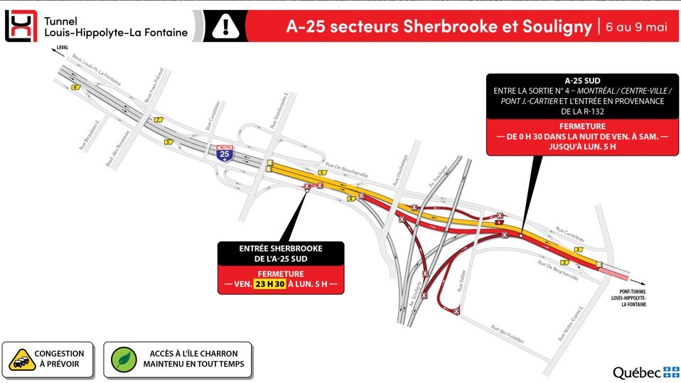 Fermeture complète du tunnel en direction de la Rive-Sud du 6 au 9 mai