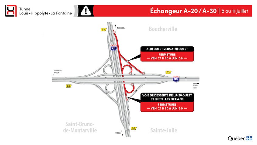 Fermeture complète du tunnel Louis-Hippolyte-La Fontaine, en direction de la Rive-Sud, du 8 au 11 juillet