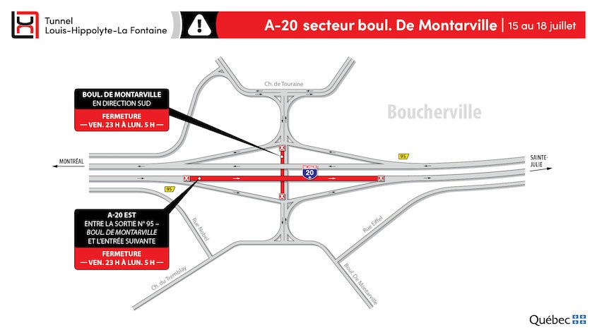 Fermeture complète d’un tronçon de l’autoroute 20 en direction Est du 15 au 18 juillet