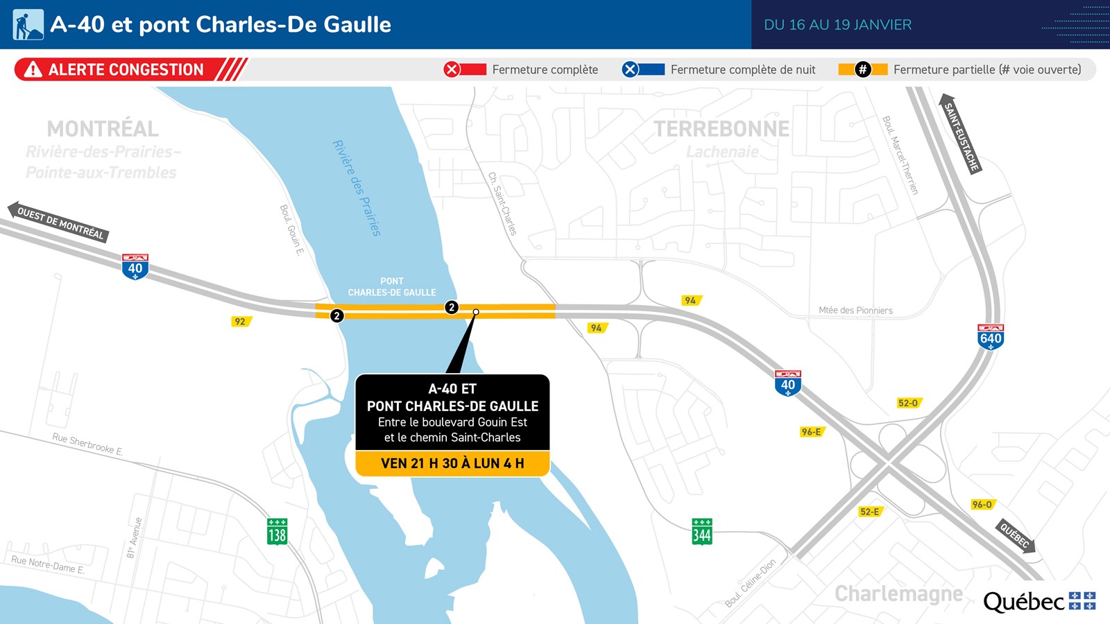 Des fermetures au pont Charles-De Gaulle, du 16 au 19 janvier