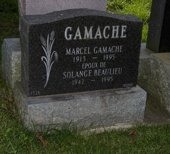 Marcel Gamache était un acteur et scénariste québécois célèbre pour être notamment l’auteur des populaires séries Cré Basile, Symphorien et Les Brillant, qui ont mis en vedette des comédiens tels que Denis Drouin, Gilles Latulippe et Olivier Guimond.Né à Montréal en 1913, M. Gamache est décédé dans le secteur Sainte-Dorothée, à Laval, en mai 1995. Il est inhumé dans le cimetière de la paroisse, derrière l’église. «Sa pierre tombale n’a rien d’extravagante, elle est très sobre», explique Suzanne Beauchamp, secrétaire du cimetière Saint-Dortohée. Par contre, un parc a été nommé en son honneur. Il se retrouve sur la Place publique de Sainte-Dorothée, face à l’église.