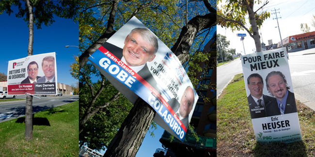 Des affiches posées illégalement ont pu être photographiées à Duvernay (Mouvement lavallois, à gauche), Pont-Viau (Action Laval, au centre) et Laval-des-Rapides (Parti au Service du Citoyen, à droite)