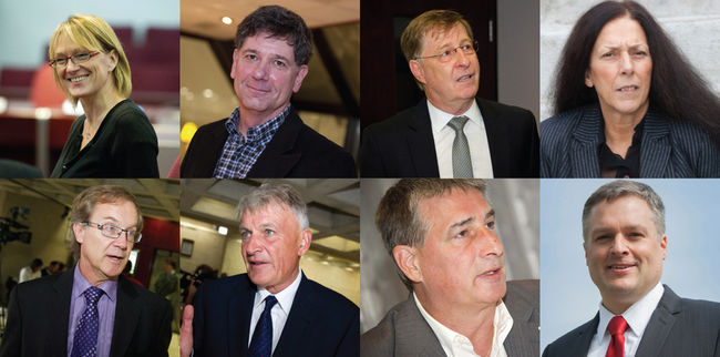 De gauche à droite: Claire Le Bel (Option Laval), Guy Landry (Nouveau parti des Lavallois), Marc Demers (Mouvement lavallois), Hélène Goupil Nantel (candidate indépendante), Jacques Foucher (indépendant), Jean-Claude Gobé (Action Laval), Robert Bordeleau (Parti au Service du citoyen) et Marc-Aurèle Racicot (candidat indépendant).