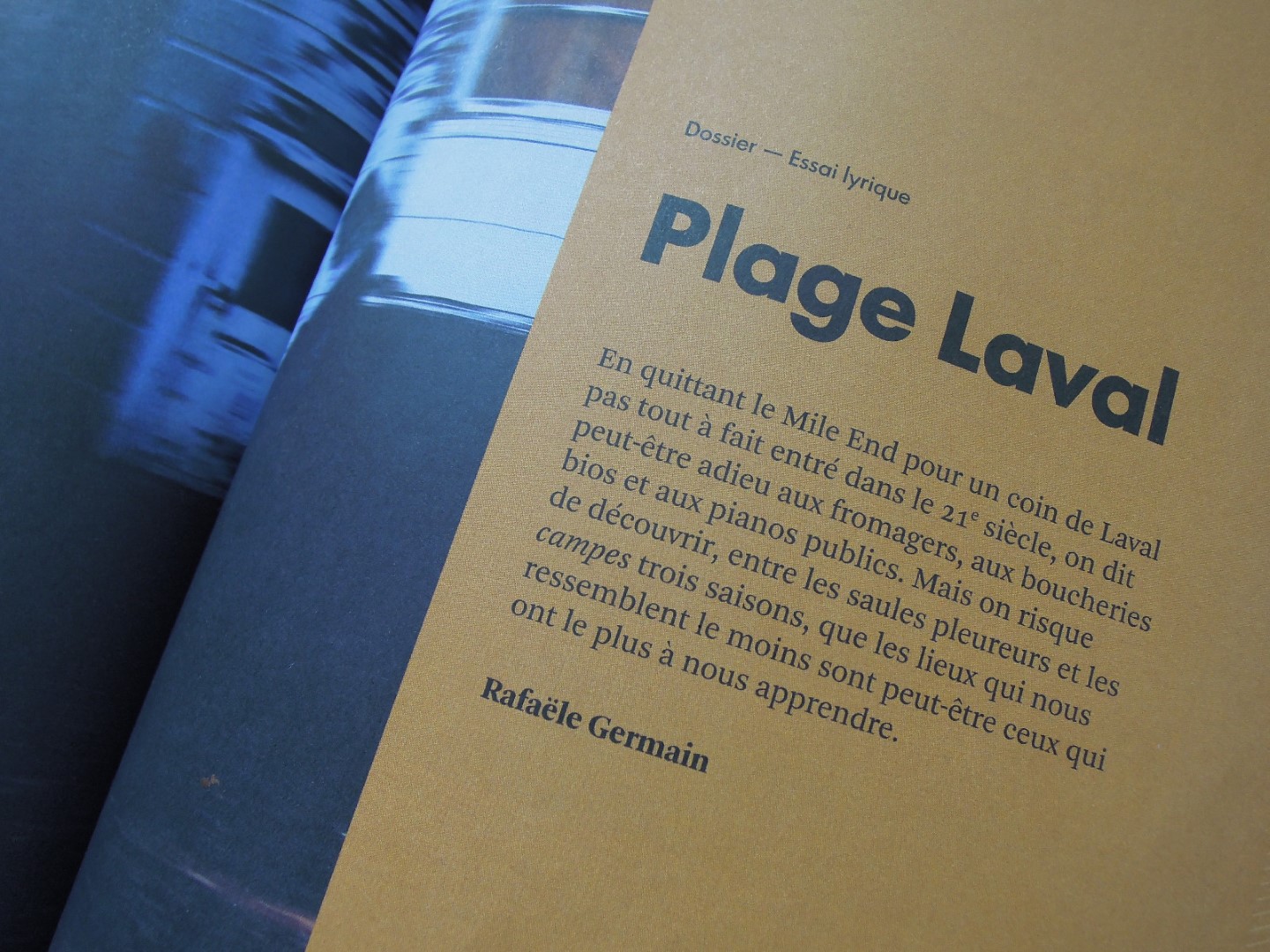 Plage Laval est un essai lyrique publié dans le 6ème numéro de Nouveau Projet.