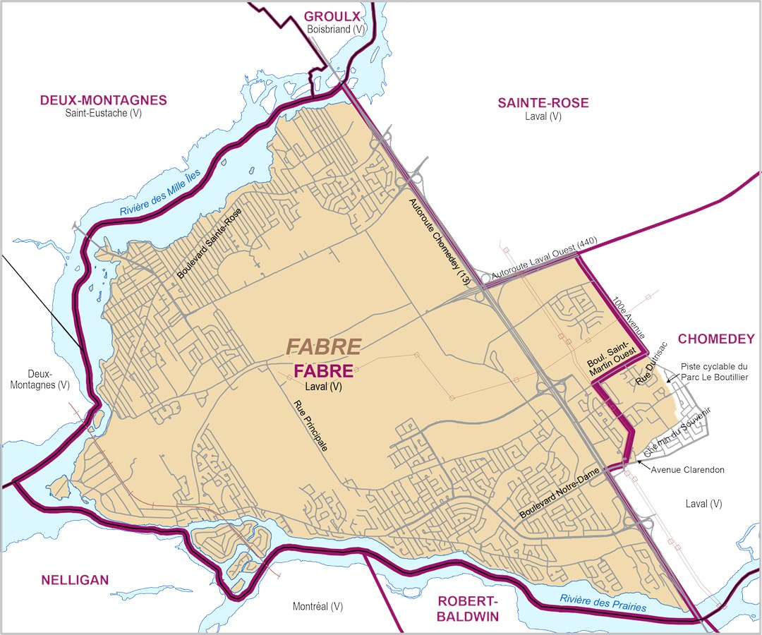 La proposition de la Commission de la représentation électorale suggère que le comté de Fabre gagne un territoire au sud-est actuellement situé dans Chomedey.
