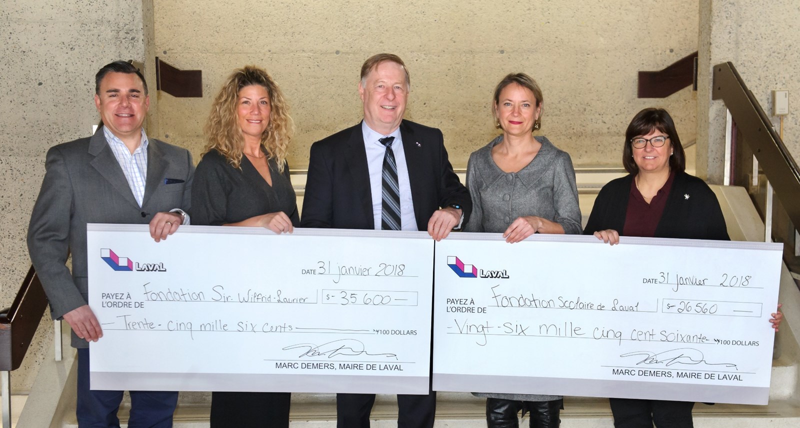 Christian Fréchette, président de la Fondation Sir-Wilfrid- Laurier; Jennifer Maccarone, présidente de la Commission scolaire de Laval; Marc Demers, maire de Laval; Reine Lafond, présidente de la Fondation scolaire de Laval; Louise Lortie, présidente de la Commission scolaire de Laval.