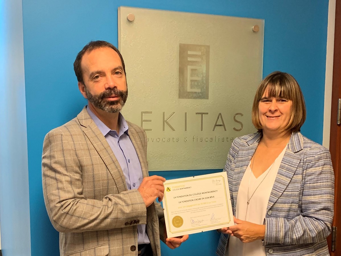 Pascal Thibodeau, associé chez Ekitas avocats & fiscalistes inc.et Christine Laprise, directrice générale de la Fondation du Collège Montmorency.