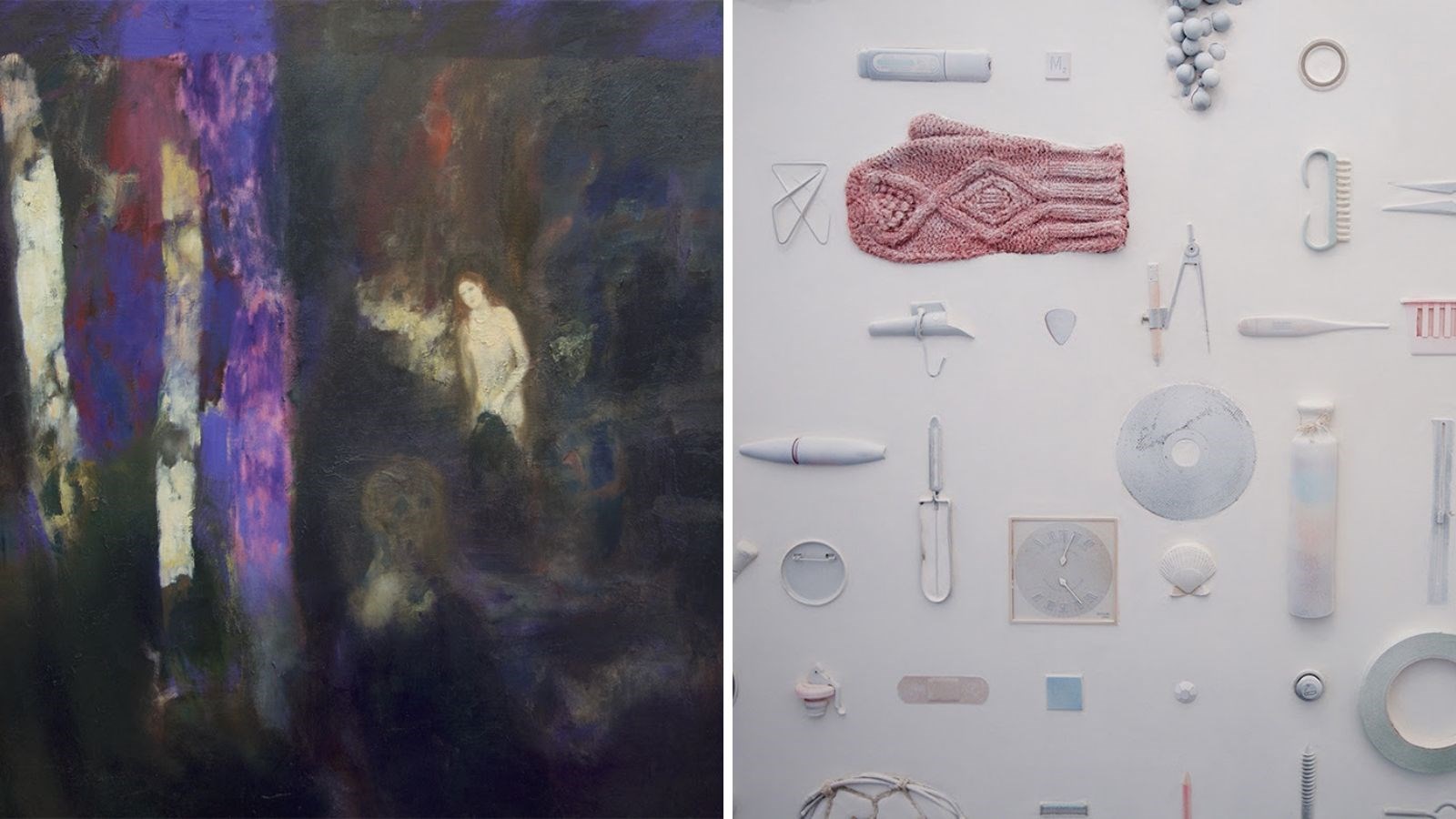 À gauche, © Louis-Philippe Côté, Apocalypse silencieuse (détail), 2019. À droite, © Gabrielle Boucher. Tapisserie (détail), 2017.